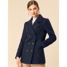 Женское двубортное пальто до середины бедра с карманами и зубчатыми лацканами ALLEGRA K, темно-синий