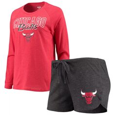 Женская спортивная футболка с длинными рукавами и шорты с принтом Chicago Bulls Concepts, черная/красная с принтом, футболка и шорты для сна Unbranded