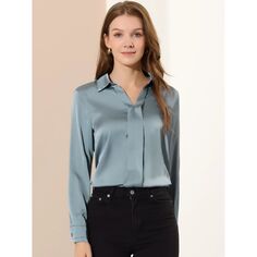 Женская элегантная однотонная атласная блузка с длинным рукавом и V-образным вырезом ALLEGRA K, серый/синий