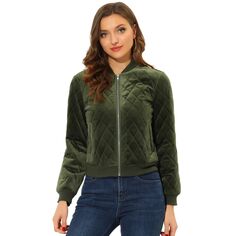 Женская зимняя стеганая куртка-бомбер с бархатной поверхностью на молнии и карманами ALLEGRA K, зеленый