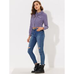 Женская укороченная джинсовая куртка на пуговицах с длинными рукавами ALLEGRA K