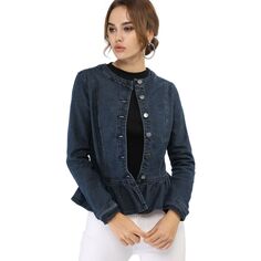Женская укороченная джинсовая куртка с круглым вырезом на пуговицах и оборками по краю ALLEGRA K