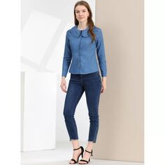 Женская джинсовая рубашка на пуговицах с воротником Питера Пэна и оборками ALLEGRA K, светло-синий