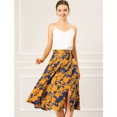 Женская юбка-миди трапециевидной формы с высокой эластичной резинкой на талии и поясом с цветочным принтом ALLEGRA K