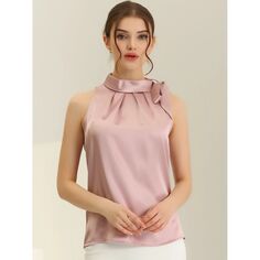 Женская элегантная атласная однотонная рабочая блузка без рукавов с галстуком-бабочкой и воротником-стойкой ALLEGRA K, розовый