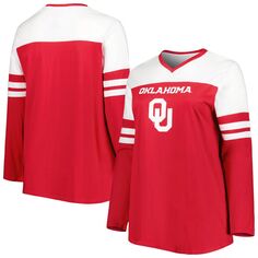 Женская малиновая футболка с v-образным вырезом и длинным рукавом в полоску Oklahoma Earlys Plus размера Unbranded