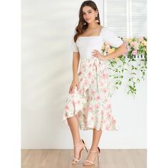 Женская юбка-миди с цветочным запахом, асимметричные юбки с завязками на талии и рюшами ALLEGRA K, розовый