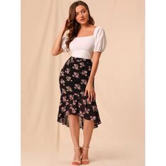Женская струящаяся шифоновая юбка миди с высоким и низким эластичным поясом и оборками на талии с цветочным принтом ALLEGRA K, розовый
