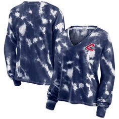 Женская укороченная футболка с v-образным вырезом и V-образным вырезом с логотипом Fanatics белого/темно-синего цвета Cleveland Indians Tie Dye Fanatics