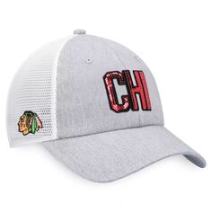 Женская кепка Fanatics с логотипом Heather Grey/White Chicago Blackhawks Iconic Glimmer Trucker Snapback Fanatics