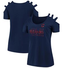 Женская темно-синяя футболка с открытыми плечами и тремя бретелями Fanatics Cleveland Indians Fanatics