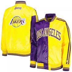 Женская стартовая атласная университетская куртка с длинными кнопками фиолетового/золотого цвета Los Angeles Lakers с разрезом и цветными блоками Starter