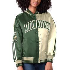 Женская атласная университетская куртка с цветными блоками для начинающих Hunter зеленого/кремового цвета Milwaukee Bucks Starter