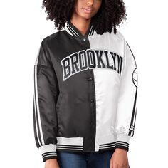 Женская базовая черно-белая университетская куртка Brooklyn Nets с разрезом и цветными блоками, атласная университетская куртка с длинными кнопками Starter