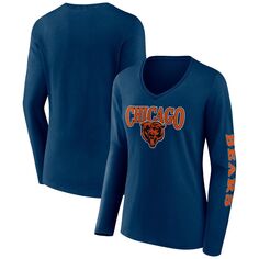 Женская темно-синяя футболка Fanatics с надписью Chicago Bears и v-образным вырезом с длинными рукавами Fanatics