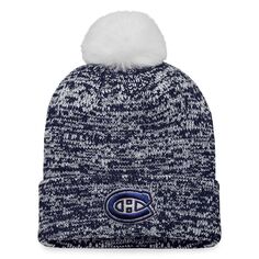 Женская темно-синяя блестящая вязаная шапка с манжетами и помпоном с фирменным логотипом Fanatics Montreal Canadiens Fanatics