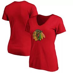 Красная женская футболка Fanatics с логотипом Chicago Blackhawks и v-образным вырезом Fanatics