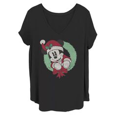 Футболка с рождественским венком и Микки Маусом для подростков Plus Disney, шляпа Санта-Клауса и портретная футболка Licensed Character