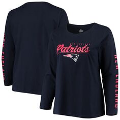 Женская темно-синяя футболка Majestic New England Patriots размера плюс с логотипом команды и длинными рукавами Majestic