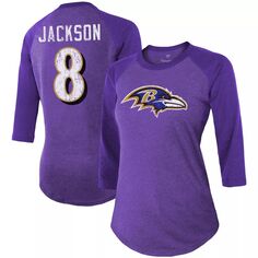 Женская футболка Fanatics с фирменным логотипом Lamar Jackson Purple Baltimore Ravens Team, имя и номер игрока, футболка из трехслойного реглан с рукавами 3/4 Majestic