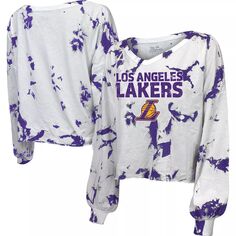 Женская укороченная футболка с длинными рукавами и v-образным вырезом Majestic Threads White Los Angeles Lakers Aquarius Tie-Dye Majestic