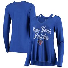 Женская синяя футболка Majestic Threads New York Knicks с V-образным вырезом и длинными рукавами Majestic