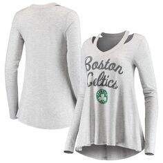 Женская серая футболка Majestic Threads с v-образным вырезом и длинными рукавами Boston Celtics Double Dribble Majestic