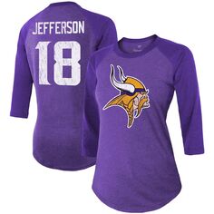 Женская футболка Fanatics с фирменным логотипом Justin Jefferson Purple Minnesota Vikings Team, имя и номер игрока, футболка тройного реглан с рукавами 3/4 Majestic