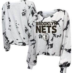 Женская укороченная футболка с длинными рукавами и v-образным вырезом Majestic Threads Black Brooklyn Nets Aquarius Tie-Dye Majestic