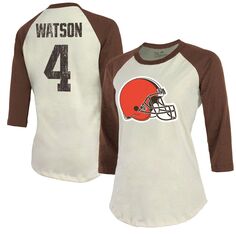 Женская футболка Majestic Threads Deshaun Watson кремового/коричневого цвета Cleveland Browns с именем и номером реглан с рукавом 3/4 Majestic