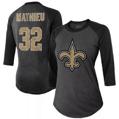 Женская черная футболка Majestic Threads Tyrann Mathieu New Orleans Saints с именем и номером реглан с рукавами 3/4 Majestic