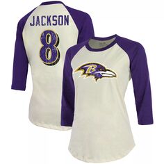 Женская футболка Fanatics с логотипом Lamar Jackson кремового/фиолетового цвета Baltimore Ravens Player реглан с именем и номером, рукавами 3/4 Majestic