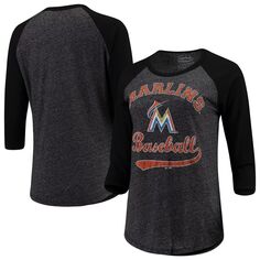 Женская бейсбольная футболка Majestic Threads черного цвета с рукавами реглан три четверти, футболка Tri-Blend Miami Marlins Team Majestic