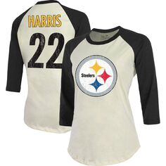 Женская футболка Majestic Threads Najee Harris кремового/черного цвета Pittsburgh Steelers с именем и номером игрока реглан с рукавами 3/4 Majestic