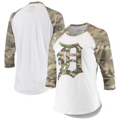 Женская футболка Majestic Threads белого цвета с камуфляжем Detroit Tigers реглан с рукавами 3/4 Majestic