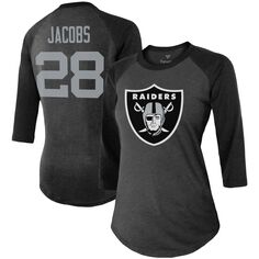 Черная женская футболка Fanatics с логотипом Josh Jacobs, команда Las Vegas Raiders, имя и номер игрока, футболка трехцветного кроя реглан с рукавами 3/4 Majestic