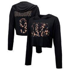 Женский укороченный пуловер с капюшоном Majestic Threads Joe Burrow Black Cincinnati Bengals с леопардовым принтом, имя и номер игрока, с длинными рукавами Majestic