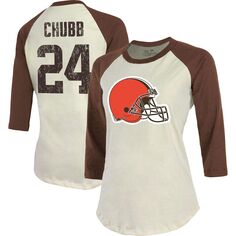 Женская футболка Majestic Threads Nick Chubb кремового/коричневого цвета Cleveland Browns с именем и номером игрока реглан с рукавами 3/4 Majestic