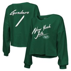 Женская футболка Majestic Threads Sauce Gardner Green New York Jets с именем и номером, с открытыми плечами и надписью, укороченная футболка с длинными рукавами и v-образным вырезом Majestic