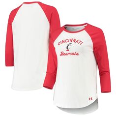 Женская бейсбольная футболка Under Armour белого/красного цвета Cincinnati Bearcats с рукавами 3/4 и бейсболом реглан Under Armour