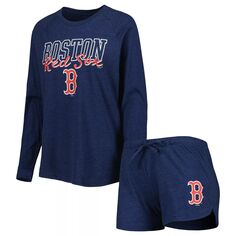 Женский комплект для сна с длинными рукавами и шортами реглан, темно-синяя футболка с длинными рукавами и шорты Boston Red Sox Concepts Sport Heather Boston Red Sox Unbranded