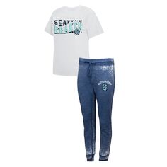 Женские спортивные рубашки темно-синего/белого цвета Seattle Kraken Resurgence Slub Burnout реглан и комплект для сна с джоггерами для женщин Unbranded