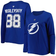 Женская синяя футболка размера плюс с длинным рукавом с именем и номером «Андрей Василевский» Tampa Bay Lightning Unbranded
