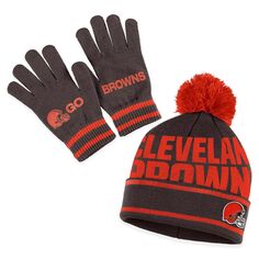 Женская одежда Erin Andrews Brown Cleveland Browns Вязаная шапка с двойными жаккардовыми манжетами, комплект с помпоном и перчатками Unbranded
