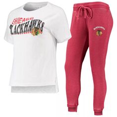 Женская спортивная красная/белая рубашка Chicago Blackhawks Resurgence Slub Burnout реглан и комплект для сна для женщин Concepts Unbranded