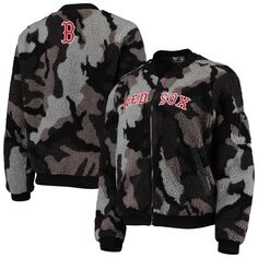 Женская черная куртка-бомбер с молнией во всю длину The Wild Collective Boston Red Sox Camo Sherpa Unbranded