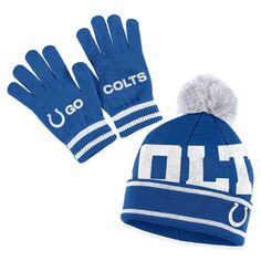 Женская одежда от Erin Andrews Royal Indianapolis Colts Вязаная шапка с двойными жаккардовыми манжетами, комплект с помпоном и перчатками Unbranded
