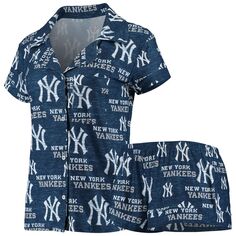 Женский спортивный темно-синий комплект для сна на пуговицах с принтом New York Yankees Zest по всей поверхности и шорты Unbranded