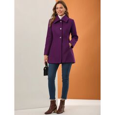 Женская однобортная верхняя одежда с отложным воротником, зимнее пальто с карманами ALLEGRA K, фиолетовый