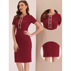 Женские деловые платья-футляры с твидовой отделкой и круглым вырезом и короткими рукавами ALLEGRA K, красный